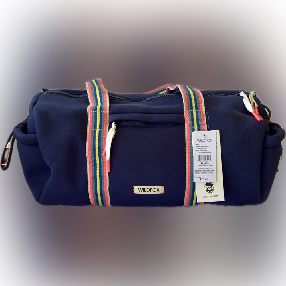 WILDFOX Blue Barrel Duffel Bag, Pink Yellow Grey Blue Striped Straps